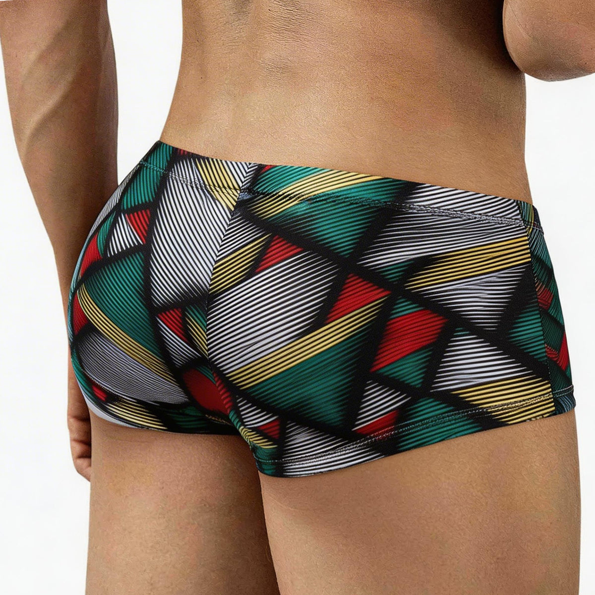 MetroMaleWear Cebada trunk 2125-50 vibrant geometric-patterned swim trunks in green red yellow and black with bold stripes