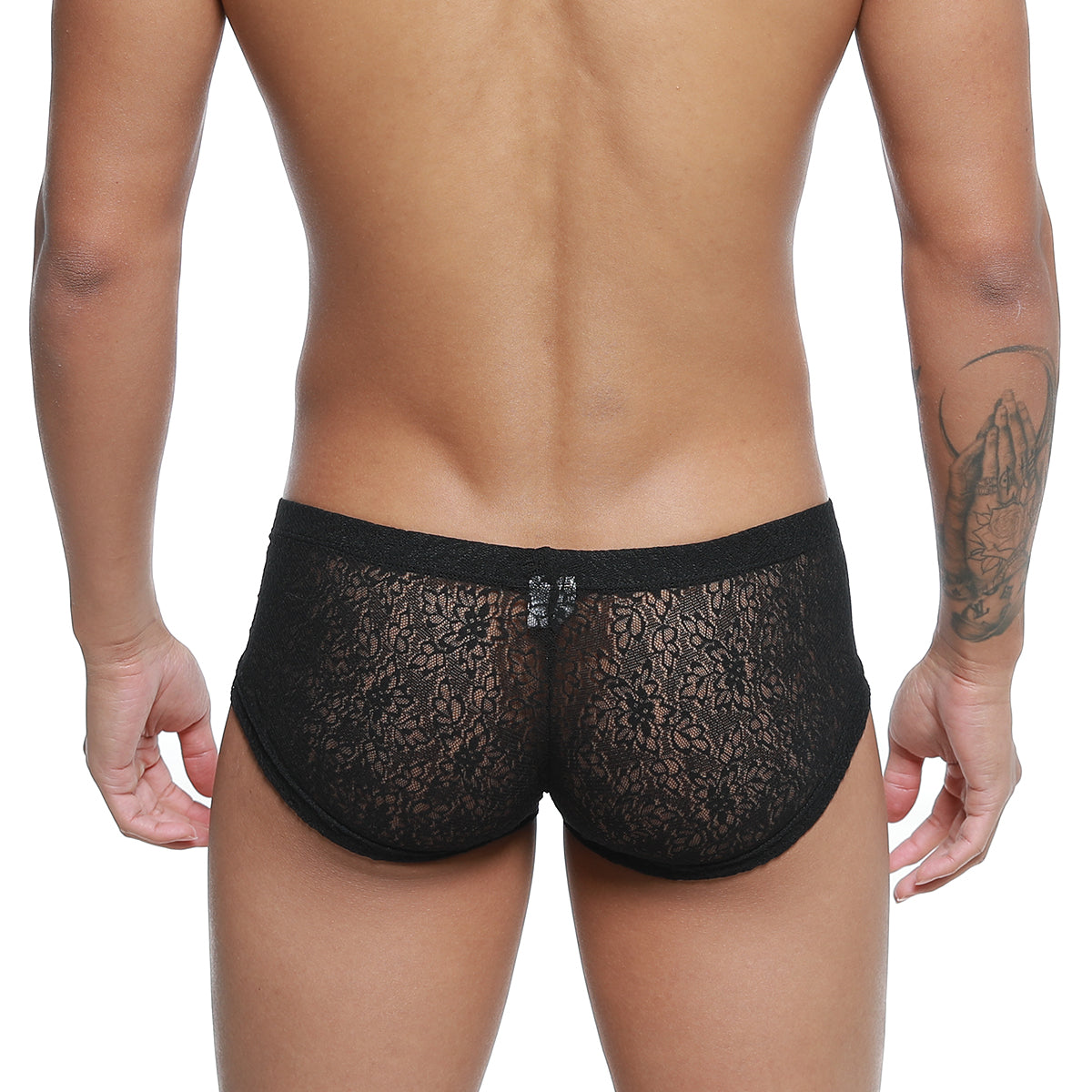 Black lace briefs with delicate floral pattern and solid black waistband from MetroMaleWear Bordado Trunk Black 2125-53