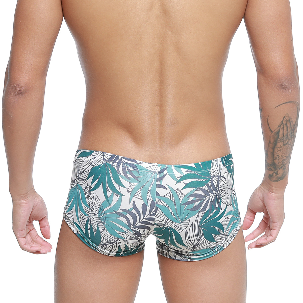 MetroMaleWear Meadow Trunk 2125-56 tropical leaf-patterned swim trunks in teal white and gray for men
