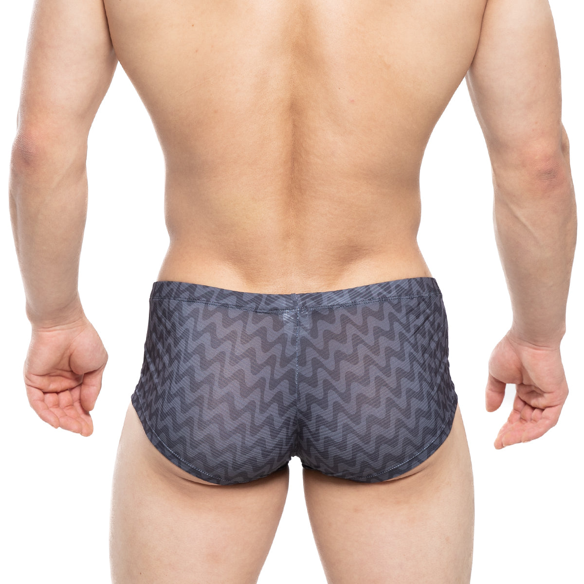 Dark gray MetroMaleWear Senal swim trunks with bold zigzag pattern designed for comfortable beachwear