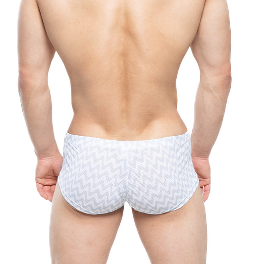White swim trunks with subtle gray zigzag pattern from metromalewear senal trunk 2125-73 for casual beachwear