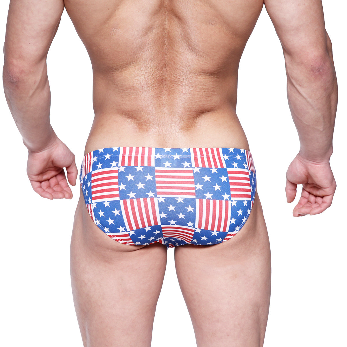 MetroMaleWear Cannon hip brief swim trunks with american flag patchwork in red white and blue for men