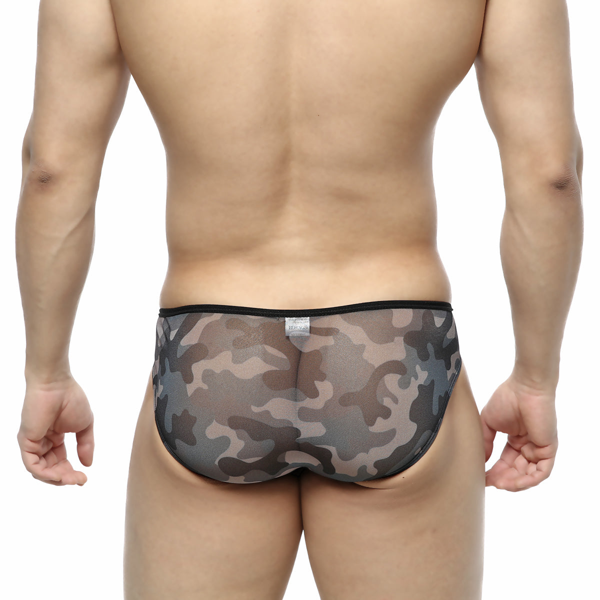 MetroMaleWear Over-Limit bikini gray gray and black camouflage sheer mesh briefs with solid black waistband front view