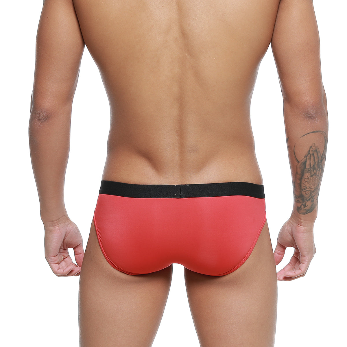 Metro male wear expose brief red swim trunks with black waistband designed for comfortable beachwear use