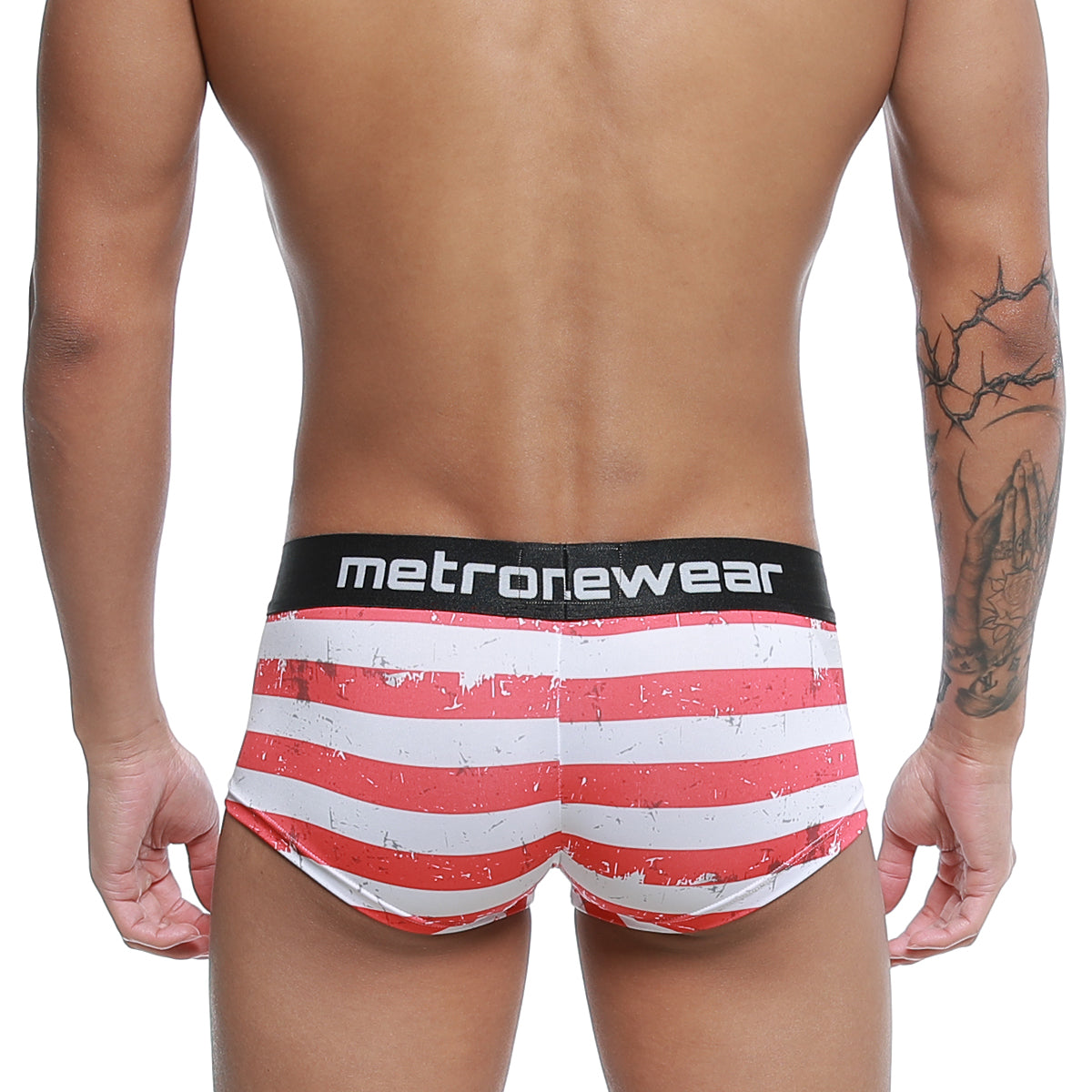 Red and white striped men’s briefs with distressed design and metronewear black waistband metro malewear castro trunk batalla 2213-92