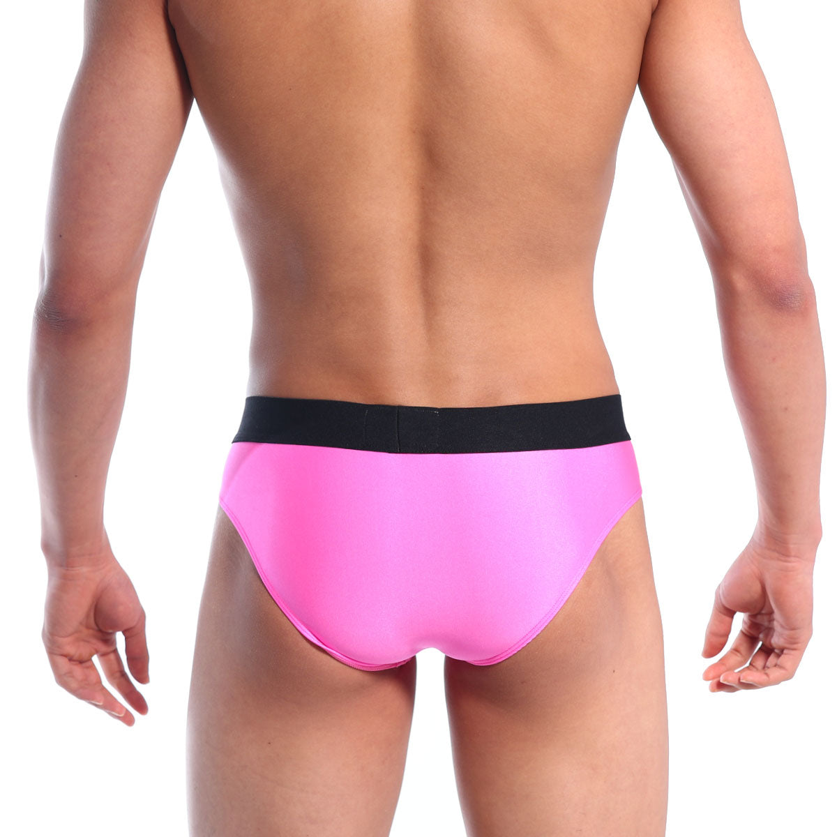 Bright pink MetroMaleWear snap brief with black waistband designed for comfort and style