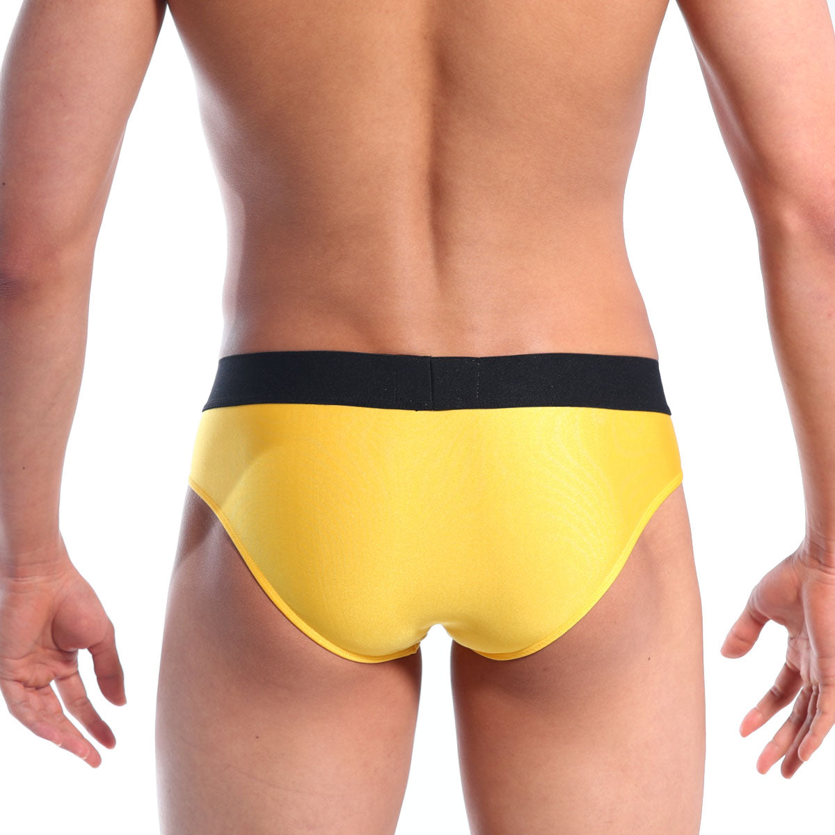 Bright yellow metro male wear snap brief mango 2222-15 with black elastic waistband for comfortable fit