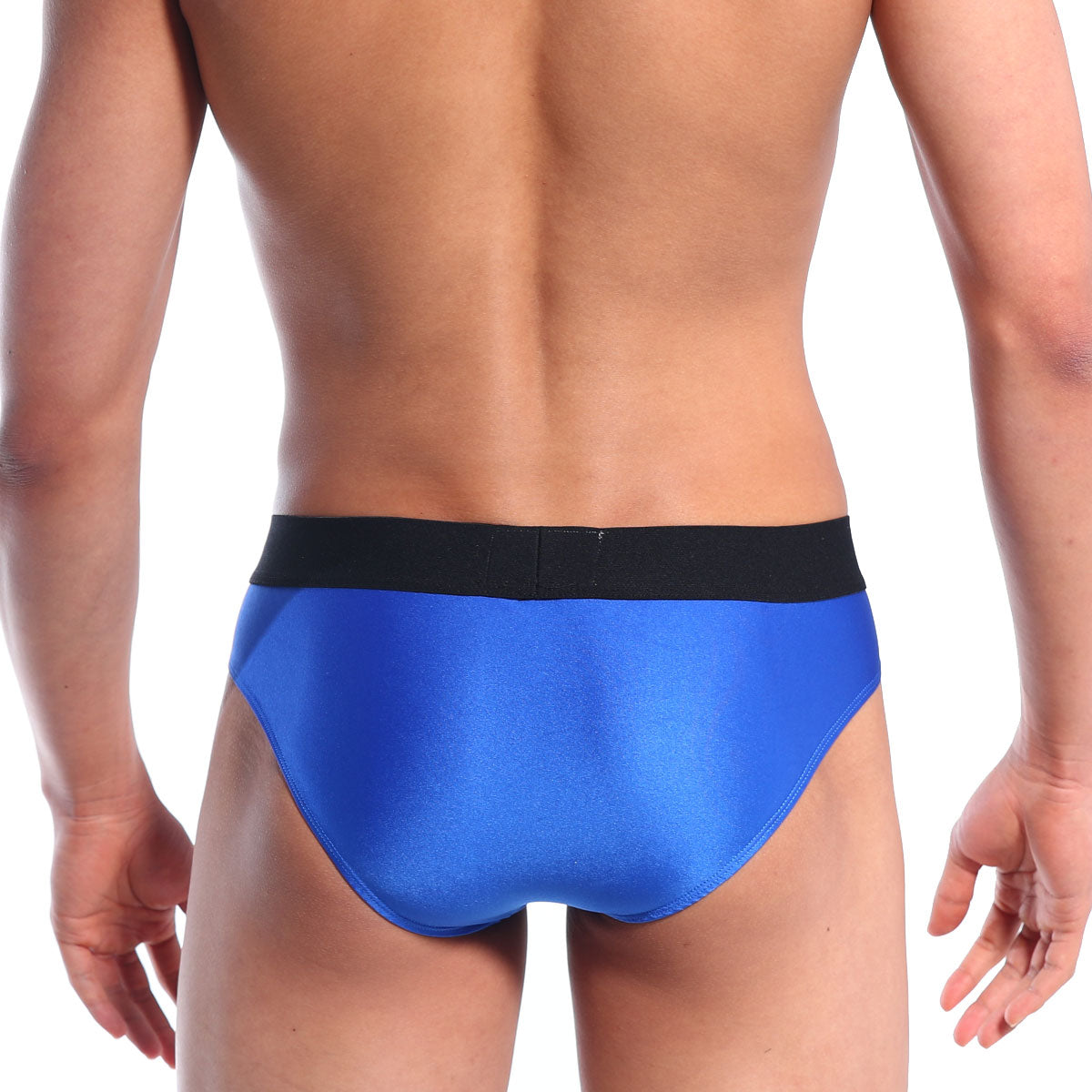 Bright blue satin MetroMaleWear snap brief with black elastic waistband for comfortable everyday wear