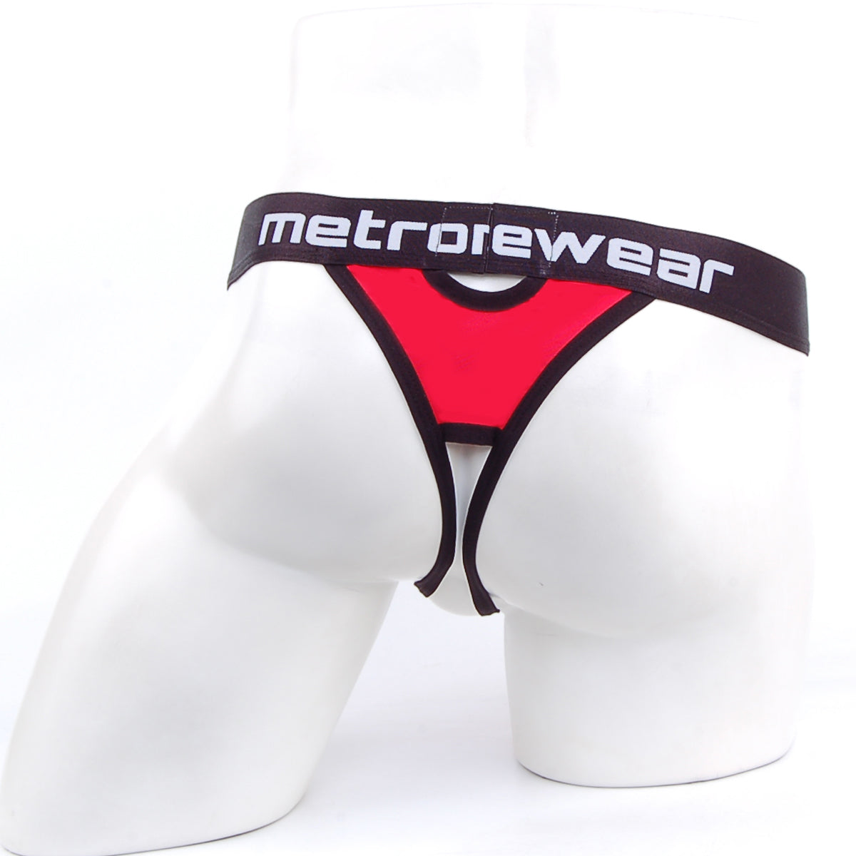 Red and black metrowear peek-a-boo thong with bold contrasting design highlighting its unique style and fit