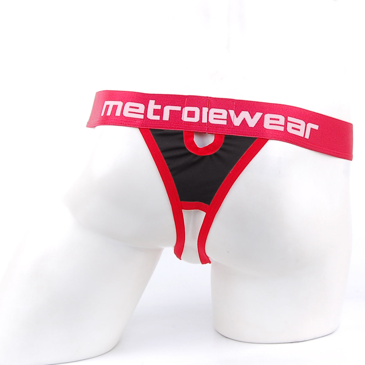 Red and black metroiewear briefs with a bold red waistband and white lettering from metrmalewear peek-a-boo thong black 2232-20