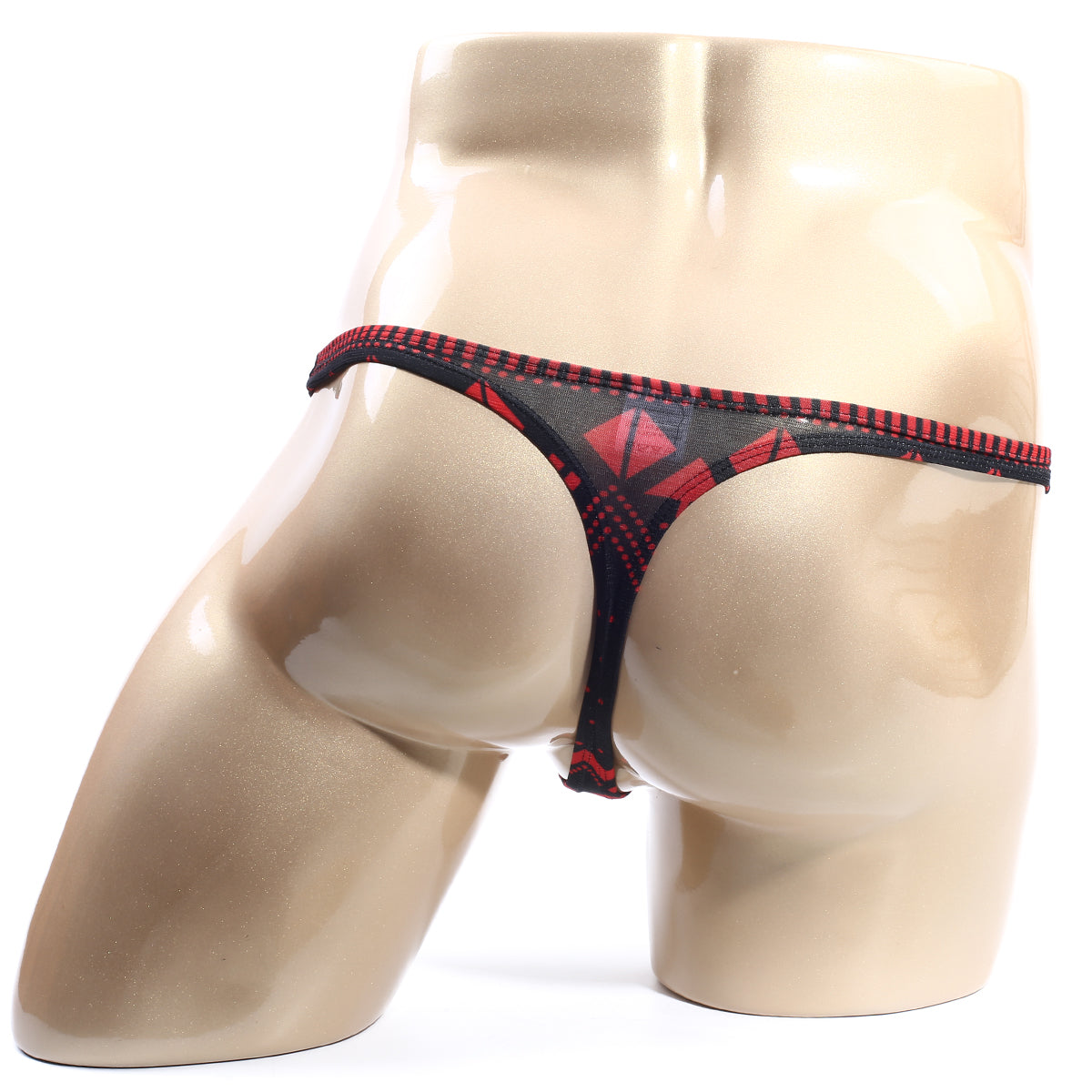 MetroMaleWear spade thong 2302-74 in black and red with a geometric patterned design for men