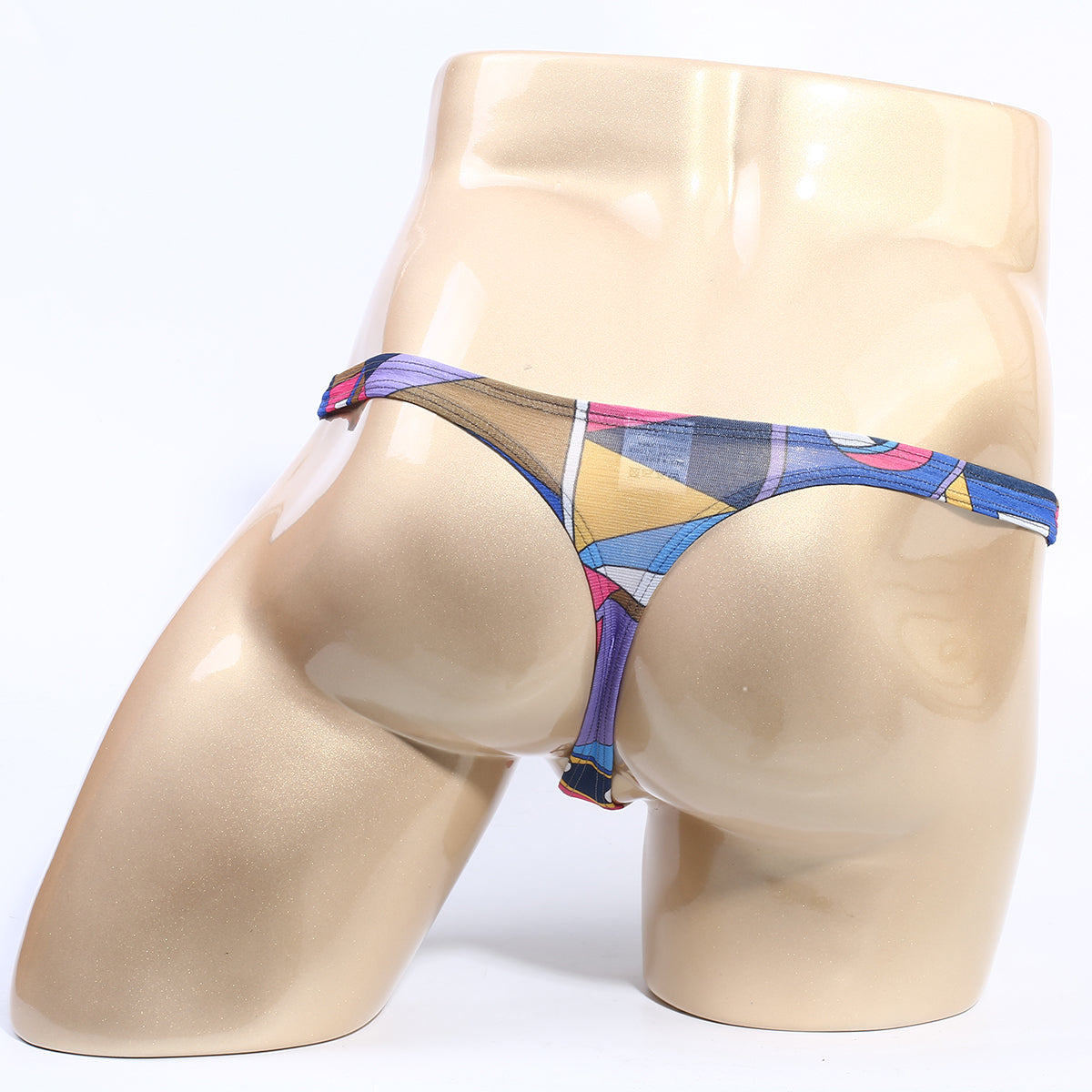 MetroMaleWear Picasso Thong 2302-M87 colorful geometric pattern in blue purple yellow pink stretchy fabric thong