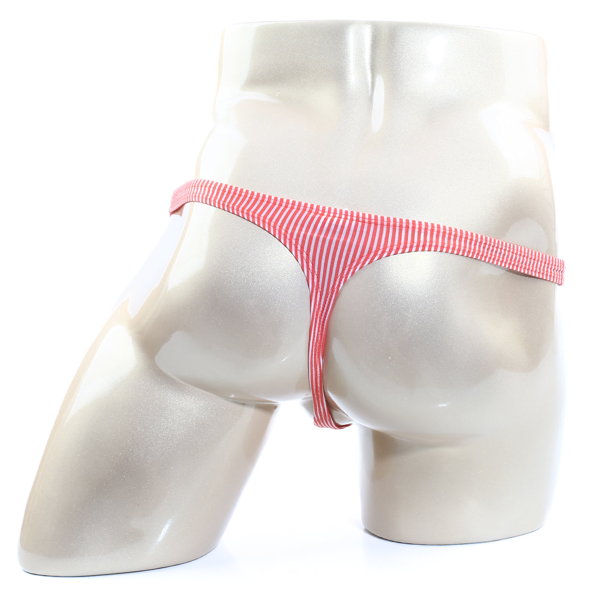 Pink and white striped stretchy fabric thong from metromalewear awesome thong orange 2302-s02 shown from the back side