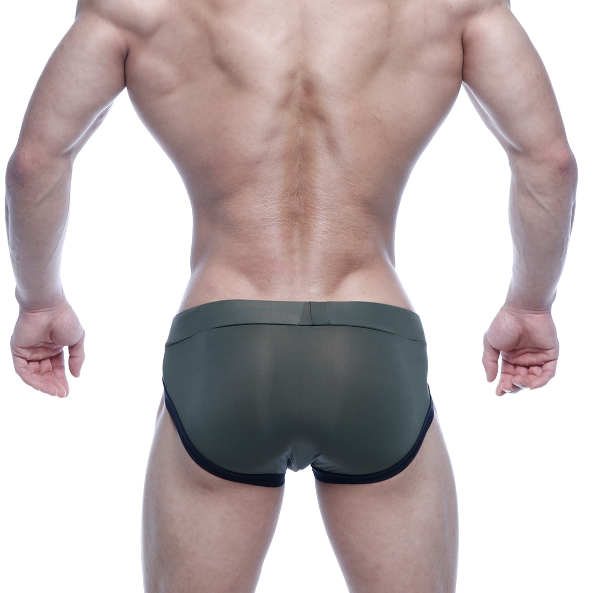 Olive green sheer briefs with black trim from metromalewear filosofico bikini 2304-26 showing front view