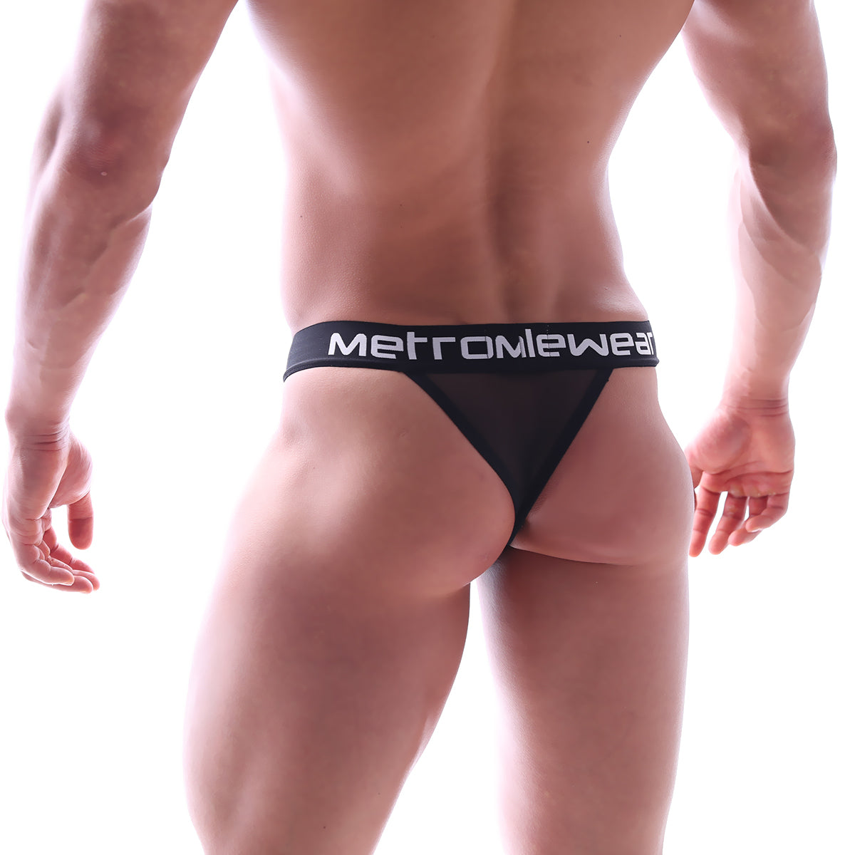 Black metromiewear mitad thong with sleek minimalist design and white branded waistband showing the back side