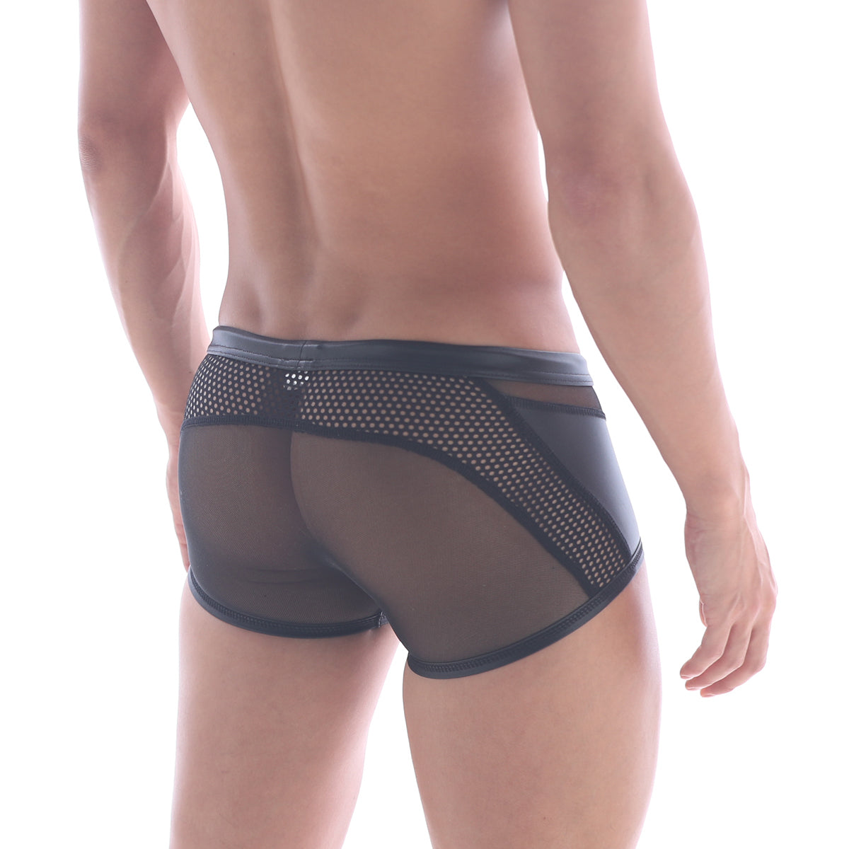 MetroMaleWear sheer hip trunk black mesh briefs with solid black waistband and side panels for men