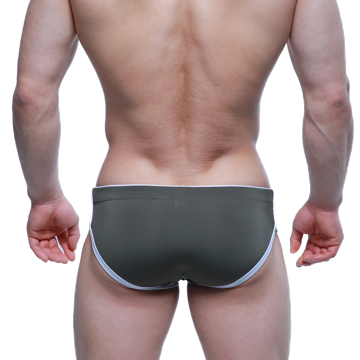 MetroMaleWear Havana Short Boxer green swim trunks with dark olive green fabric and white trim on waistband and legs