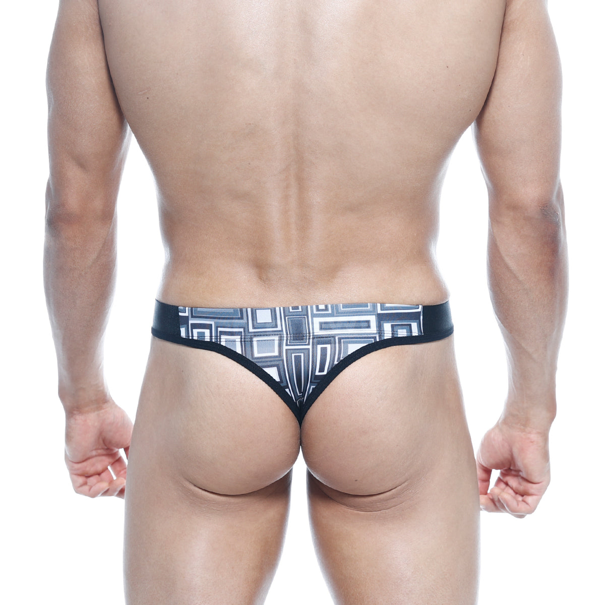 Black thong with white and gray geometric pattern from metromalewear basic thong basalto 2502-23 shown from front