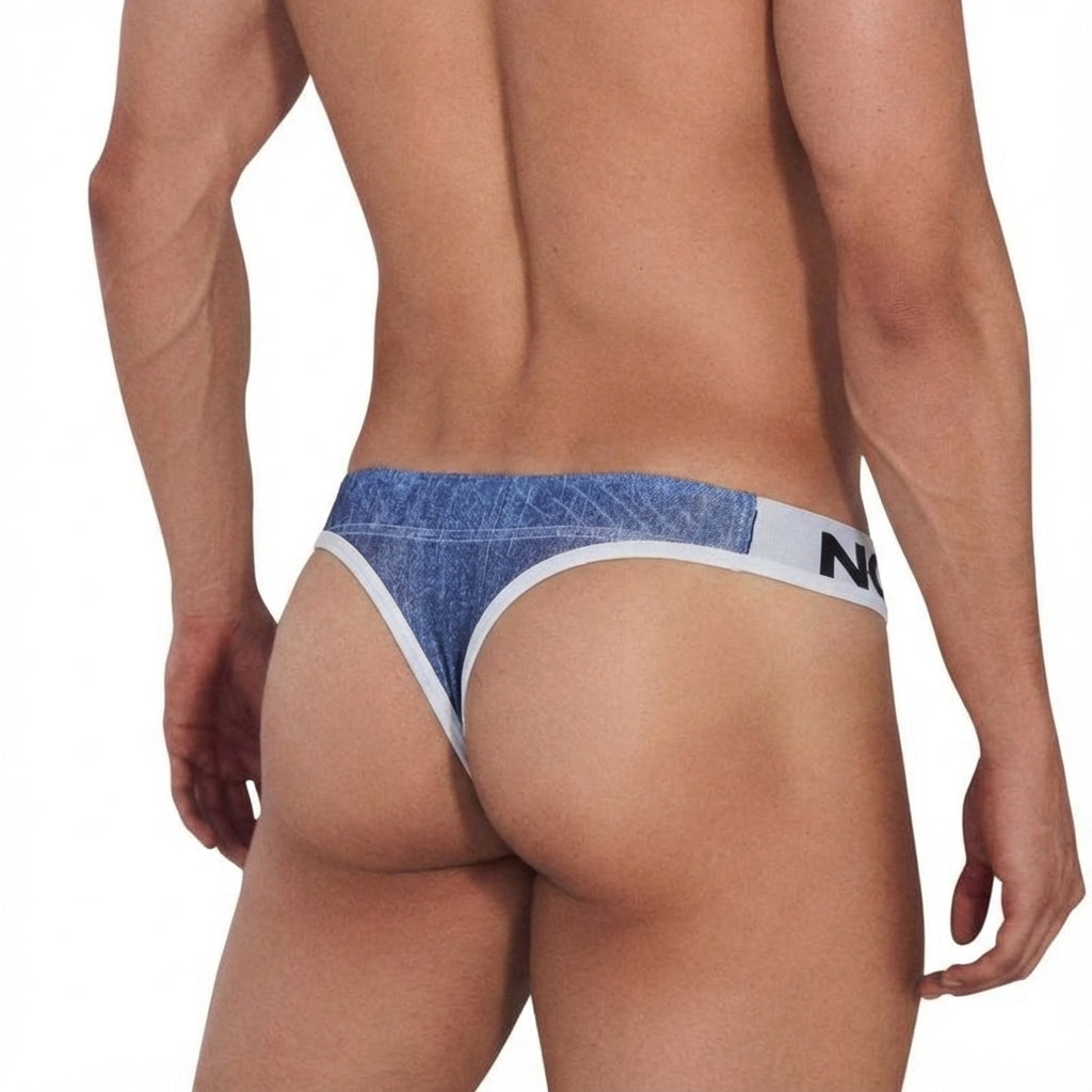 Blue denim-patterned thong with white trim and MetroMaleWear branded waistband front view indigo 2502-55