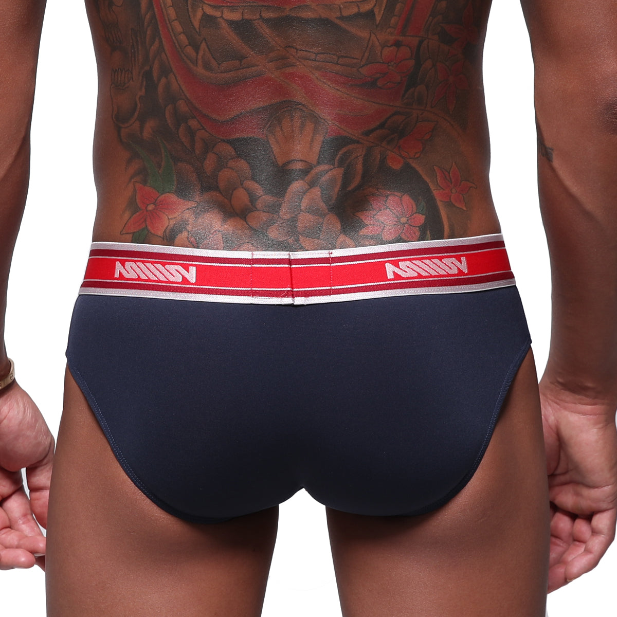 Navy blue metro malewear mirage bikini briefs with red and white elastic waistband featuring avon branding