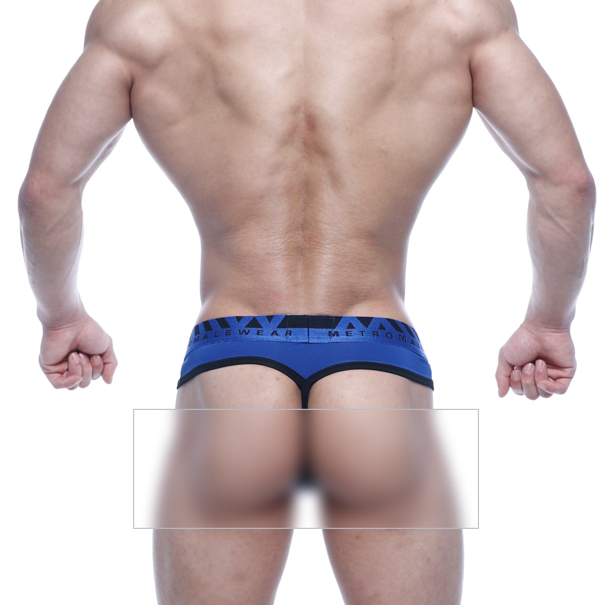 Blue and black MetroMaleWear Loreto G-string with bold geometric waistband pattern in athletic briefs style