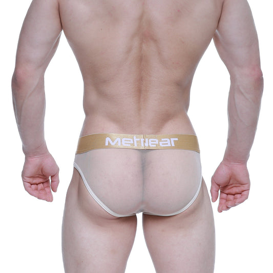 Beige mesh briefs with gold meltwear logo waistband from MetroMaleWear nude brief 2803-02 product line