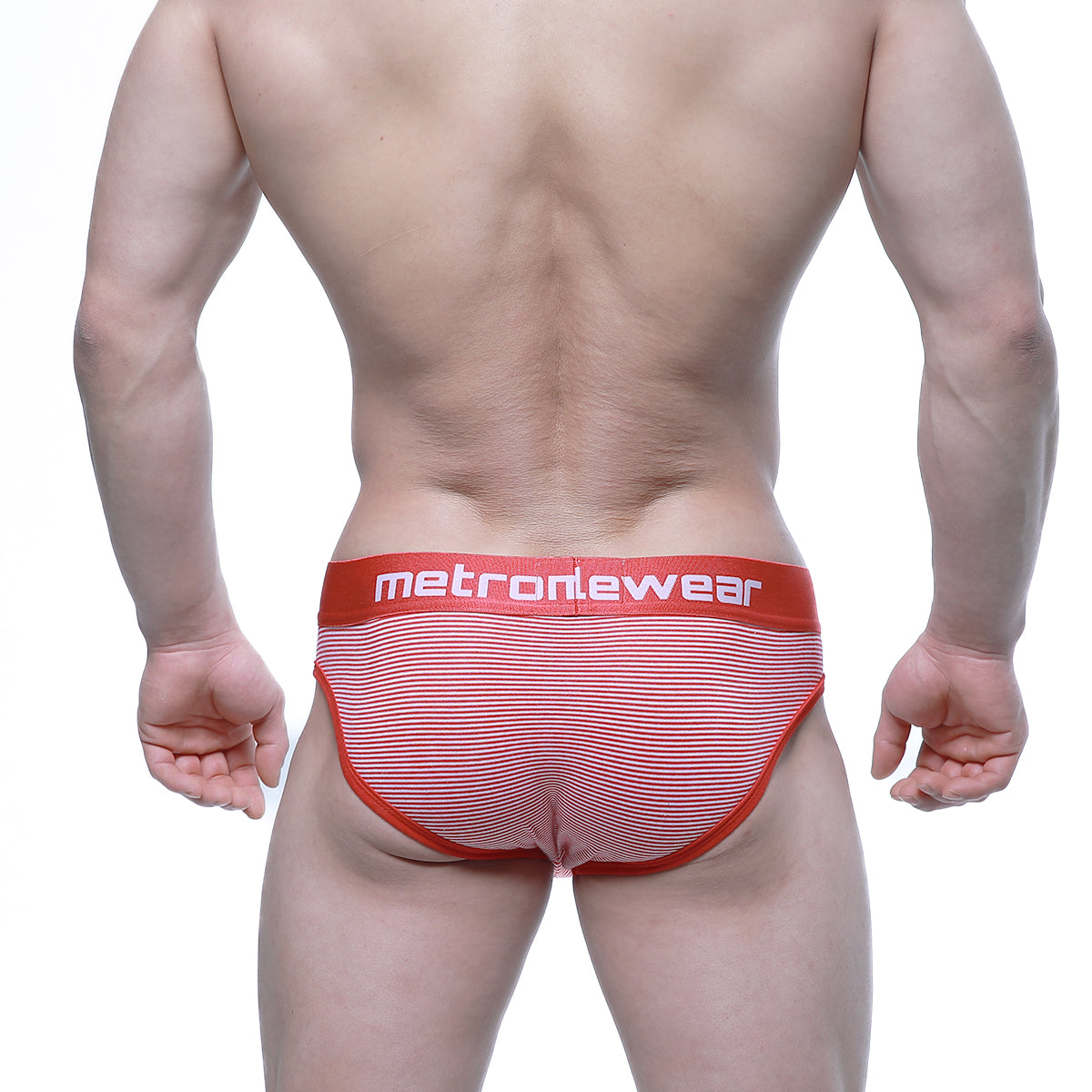 Red and white striped mens briefs with bold red metronewear waistband from metromalewear miramar bikini 2803-43