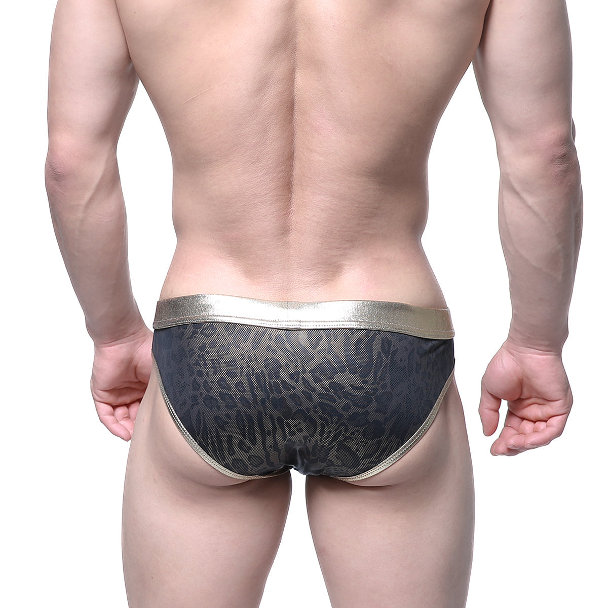 Black leopard-print swim trunks with metallic gold trim from metromalewear gloss bikini gold 2803-50 collection