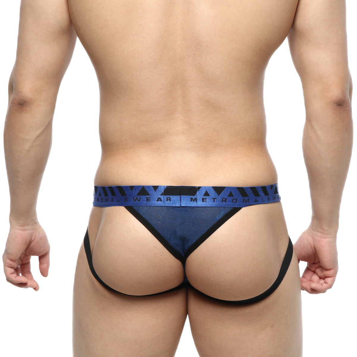 Blue and black patterned jacquard thong with branded waistband from MetroMaleWear Jacquard Jockstraps Royal 2901-18