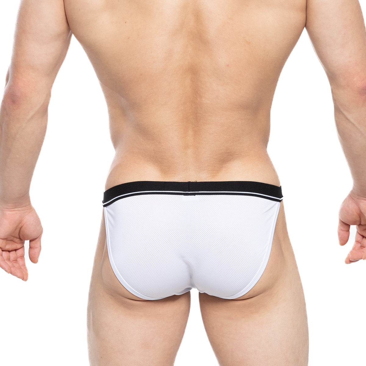 Metro male wear tomcat bikini white mesh briefs with black elastic waistband and white trim