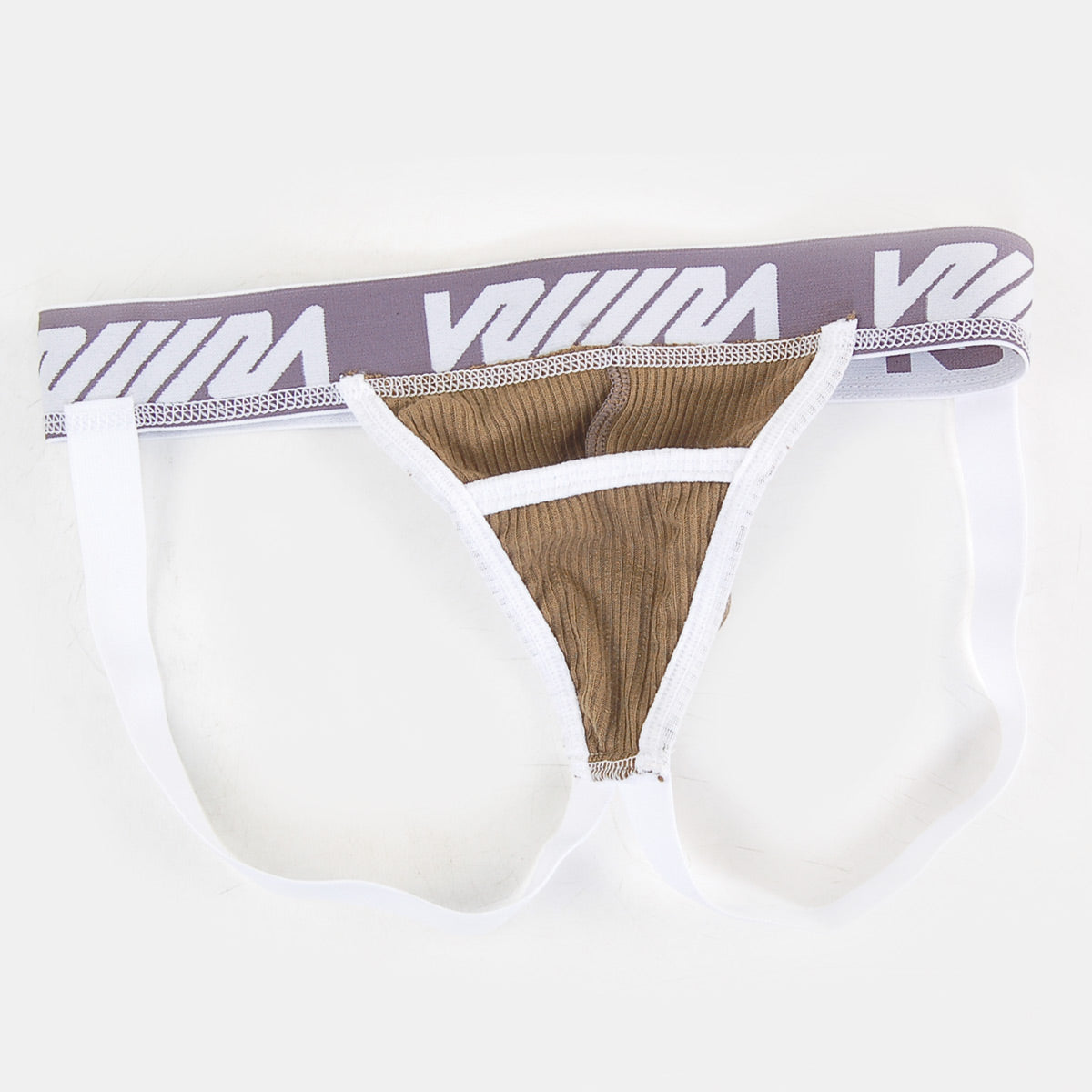 White and taupe athletic briefs with ribbed interior and gray viiim logo waistband metroMaleWear magic jock strap khaki