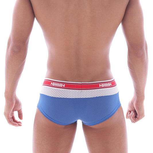 Metro malewear triple boxer royal blue mesh briefs with red and white ashny elastic waistband in bold lettering
