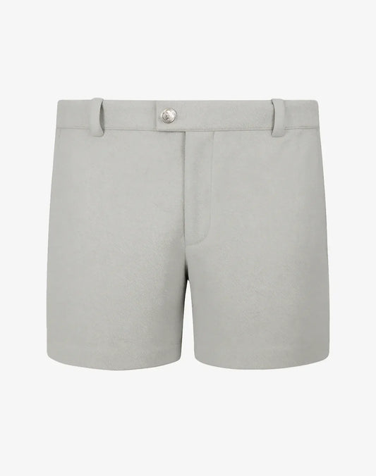 Front view of grey Trinity shorts by 2EROS featuring belt loops and a single-button closure.