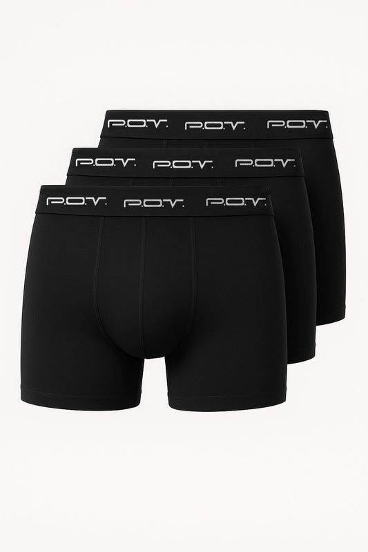 Black men’s boxer briefs 3-pack 100 percent cotton with white pov logo on waistband front side