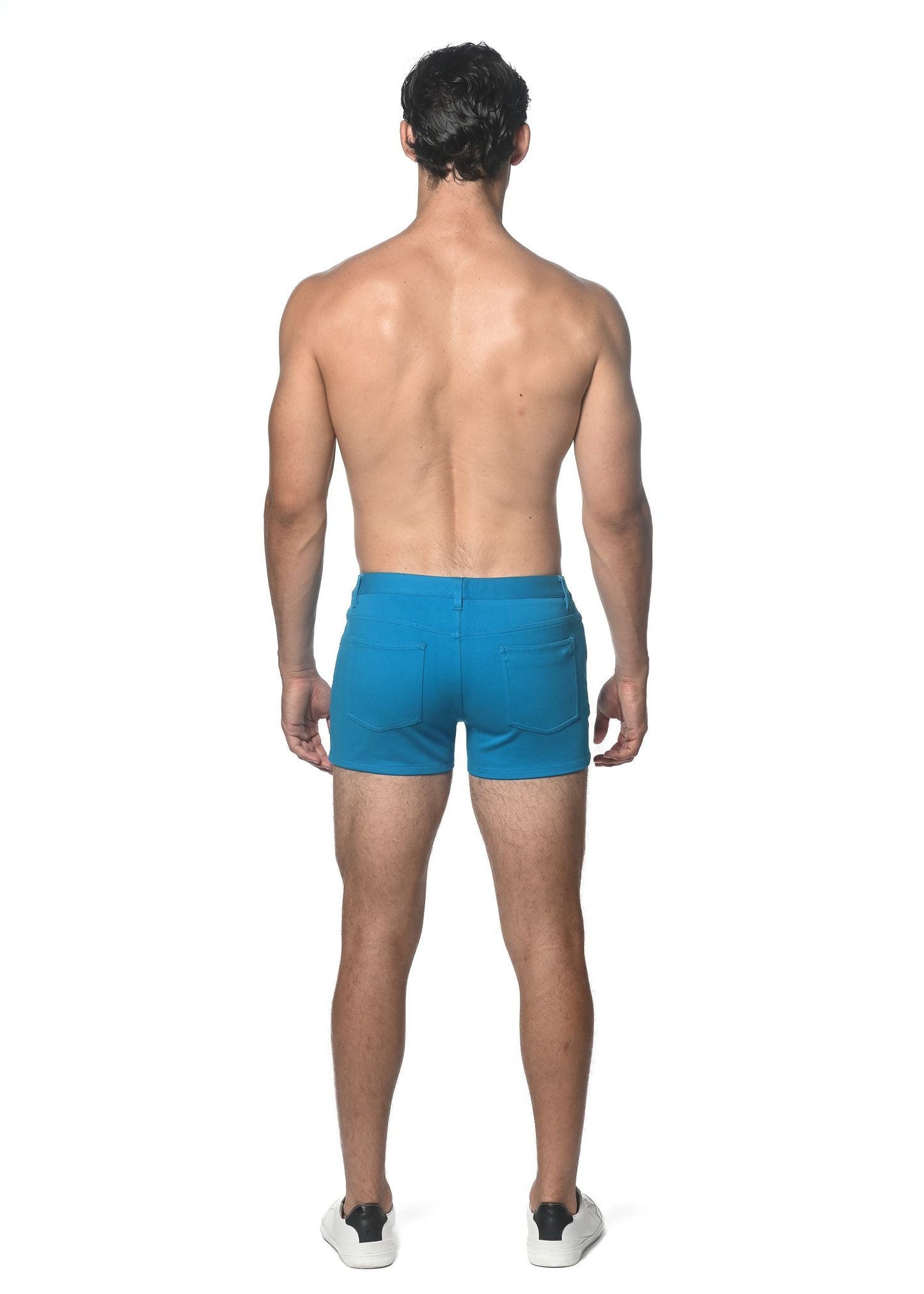 Blue 3 inch stretch knit shorts with a clean design and subtle back pocket detail