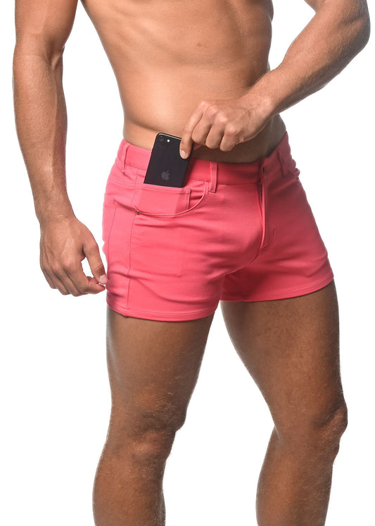 Bright pink 3 inch stretch knit shorts with a sleek modern design and form-fitting stretch fabric