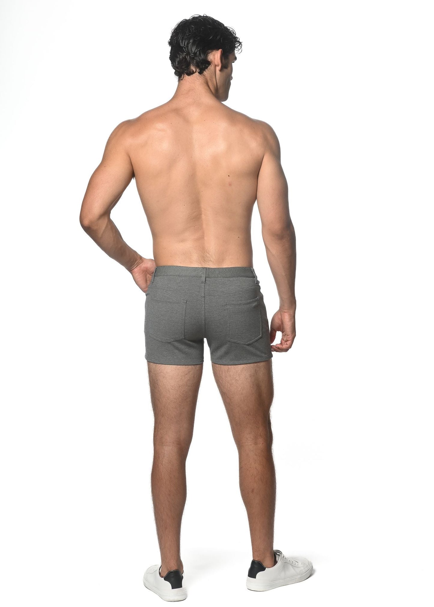 Gray 3 inch stretch knit athletic shorts with sleek modern design and subtle stitching details