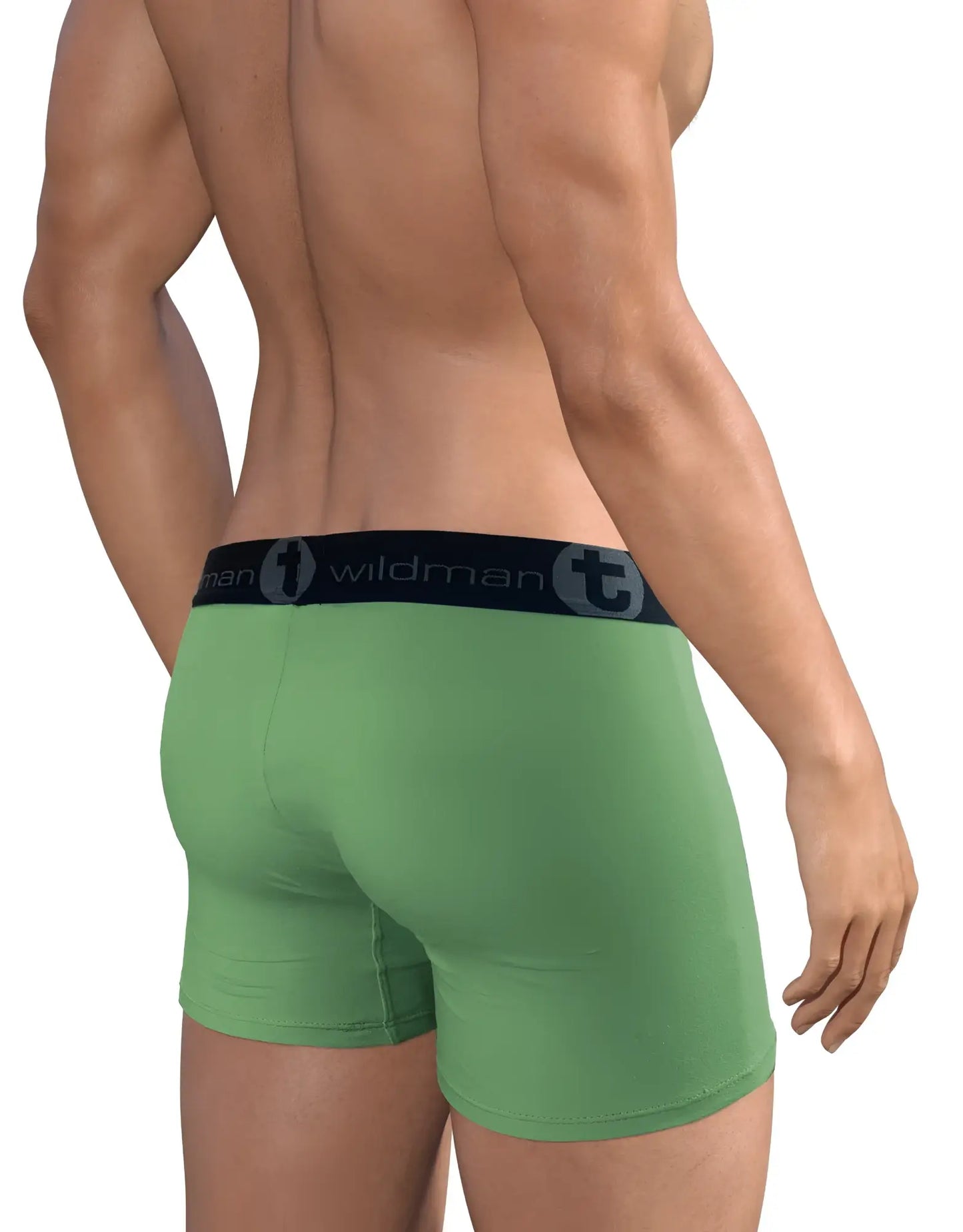 Green wildman cotton boxer briefs with black elastic waistband featuring brand logo 3 pack big boy pouch 5 inch inseam