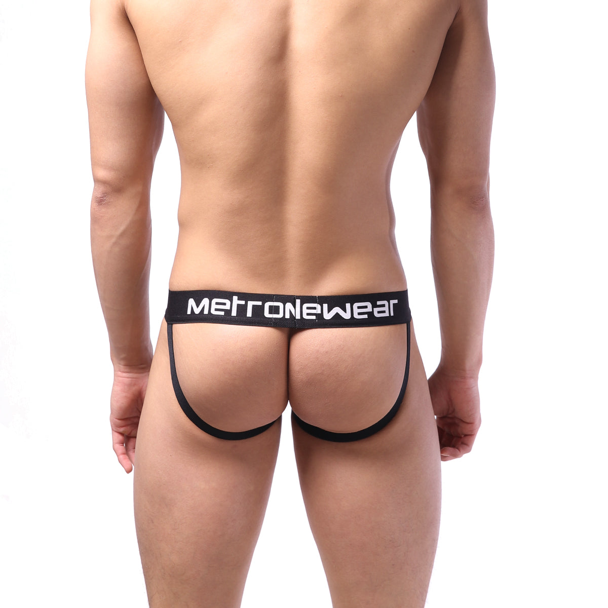 Black metronewear jock strap briefs with white lettering and supportive contoured design in sheer fabric