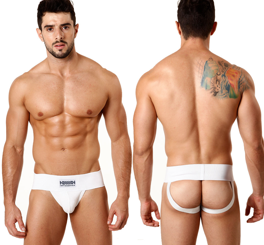 White athletic briefs with branded waistband logo made of rib cotton by metromalewear in classic jock strap style