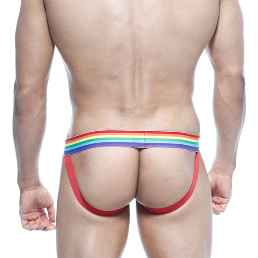 MetroMaleWear pride jock strap red 3001-R12 featuring a snug rainbow-striped red thong with supportive design