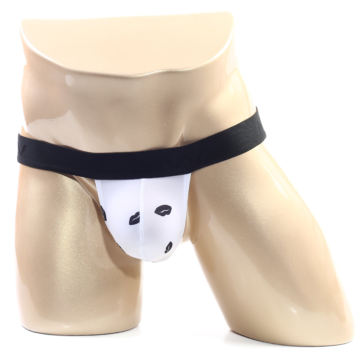 MetroMaleWear kiss white thong 3002-65 white briefs with black lip print and solid black waistband front view