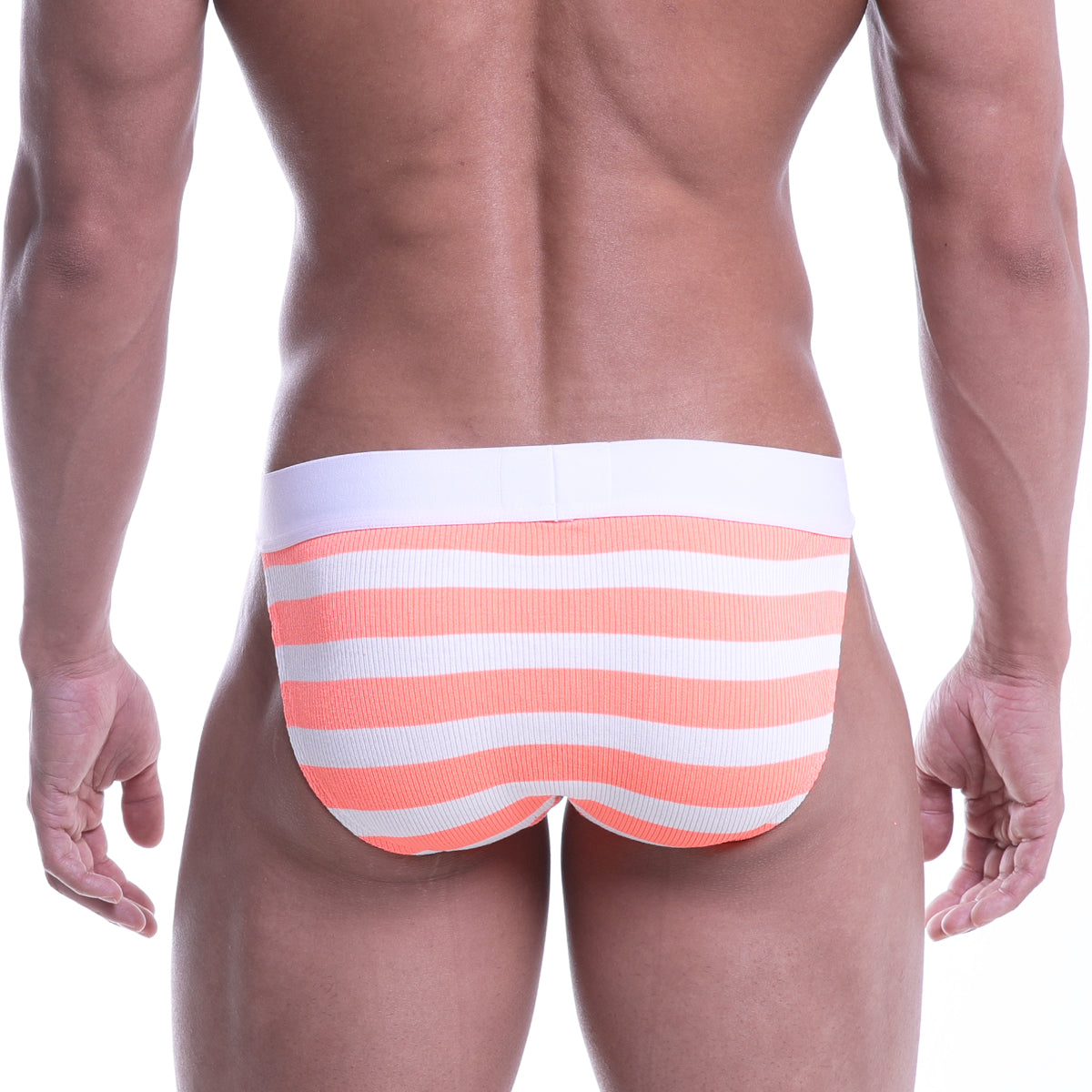 Coral and white striped ribbed briefs from metromalewear in neon orange for comfortable everyday use