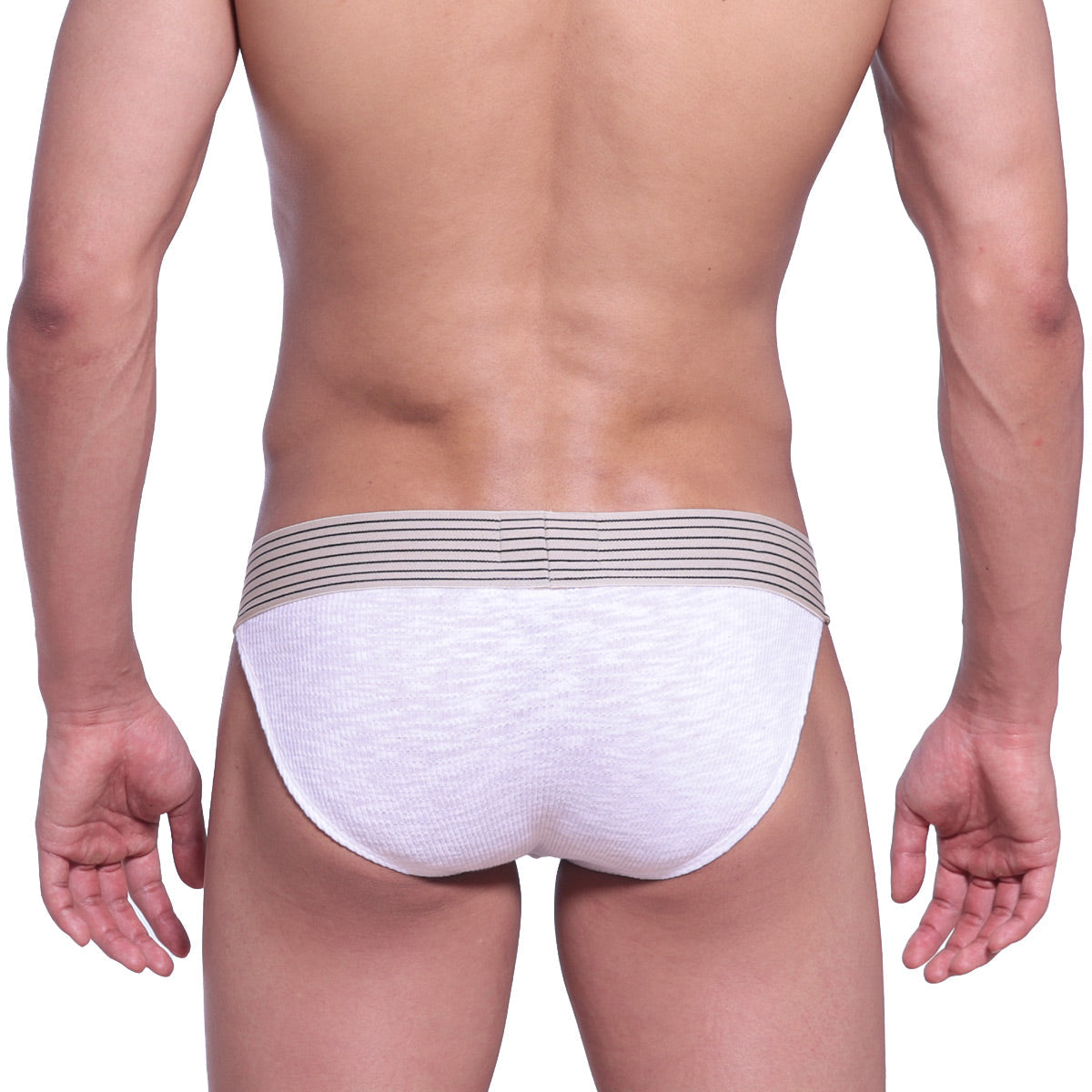 White textured briefs with a striped elastic waistband from metromalewear football bikini white 3004-05 collection