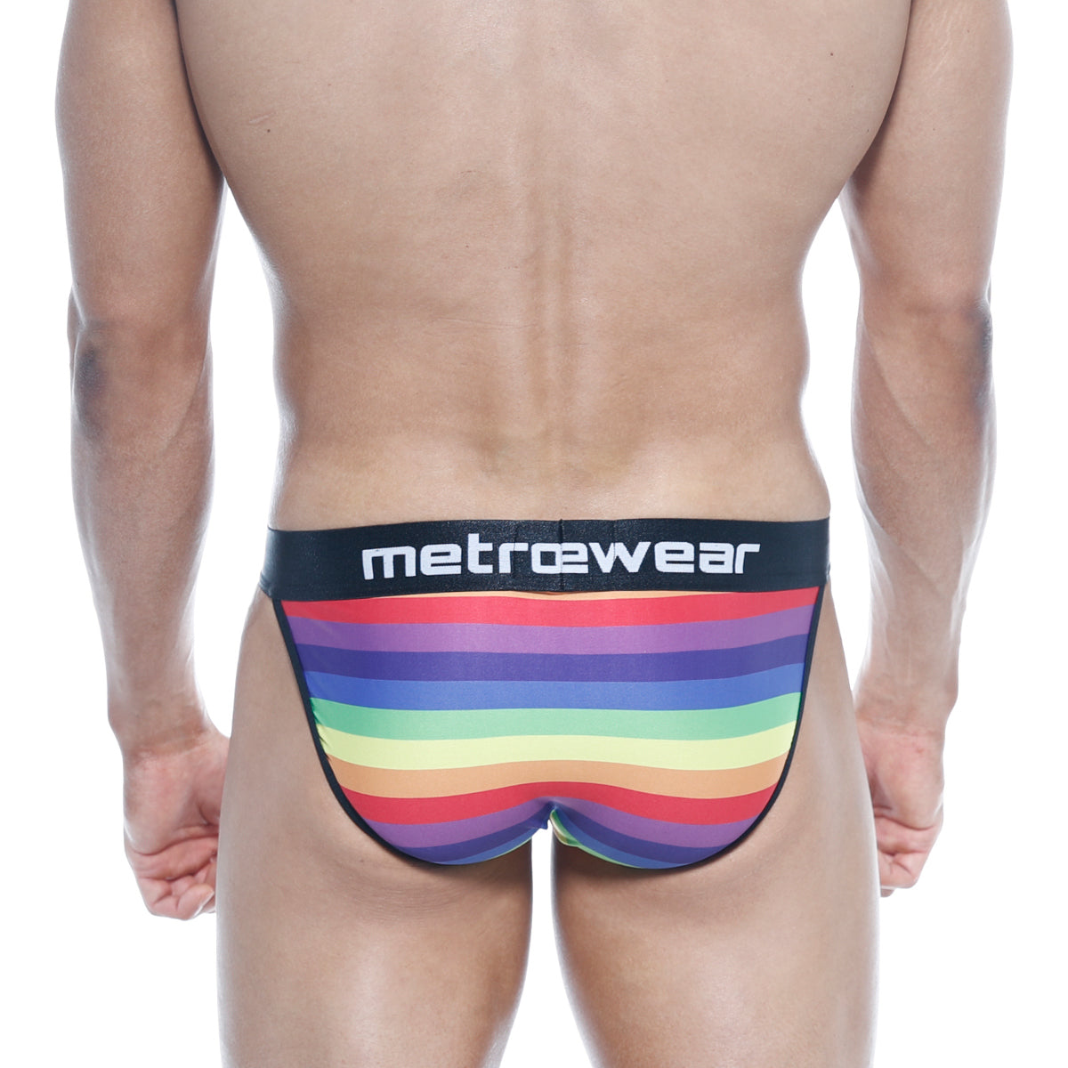Men’s rainbow-striped briefs with black metrowear waistband in metroMalewear asian bikini rainbow 3004-06 design