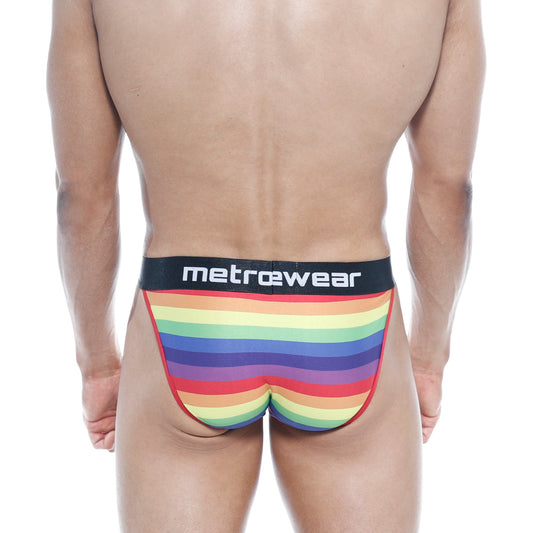Metro malewear pride bikini rainbow 3004-16 men’s briefs with rainbow stripes and black waistband with metrowear logo