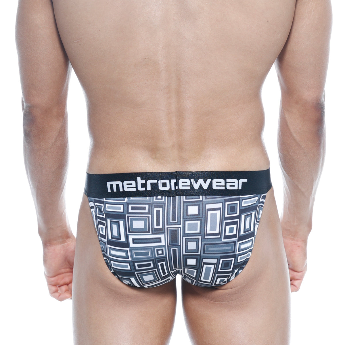 Black and gray geometric patterned men’s briefs with black metrowear waistband metro male wear asian bikini basalto 3004-23