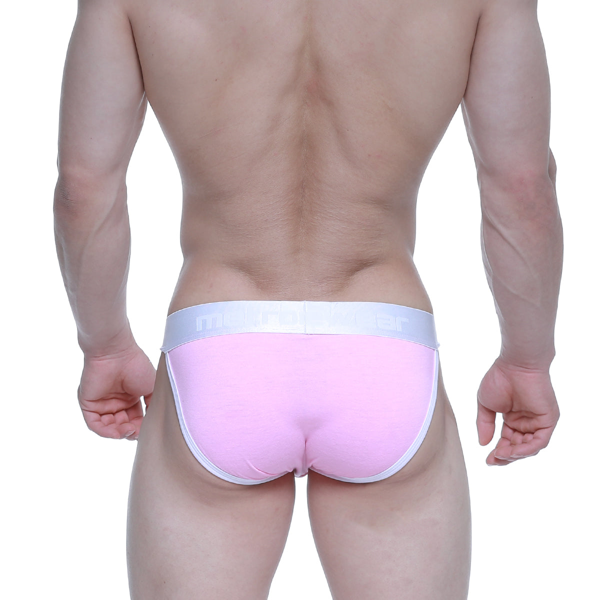 Pink briefs with white elastic waistband featuring MetroMaleWear logo in candy coated pink bikini style 3004-25