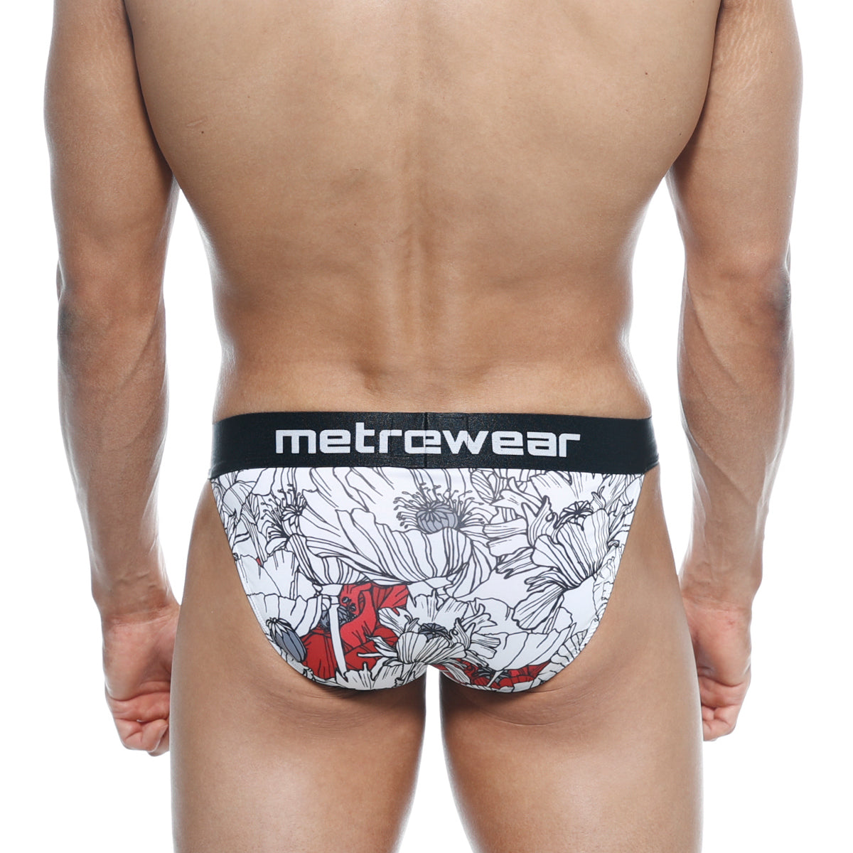 White and red floral patterned men’s briefs with black waistband featuring metrewear logo from MetroMaleWear Asian Bikini Escobar 3004-48