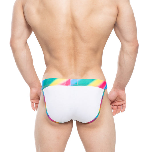 White swim trunks with vibrant rainbow-striped waistband and trim by metromalewear new pride bikini 3004-57